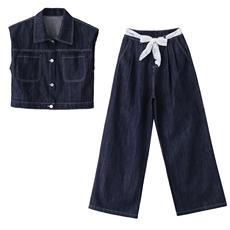 天丝牛仔套装女2025夏季新款薄款蕾丝拼接短袖上衣阔腿长裤两件套，女装套装/套裙，瑶迪依秀