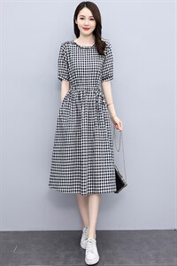 棉麻连衣裙女装2022夏季新款收腰显瘦女神范拼接短袖棉麻夏天裙子图片