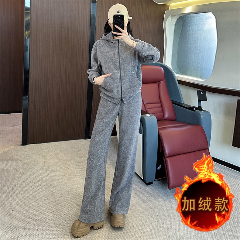 秋冬新款潮流纯色连帽外套阔腿裤套装,女装套装/套裙,江南