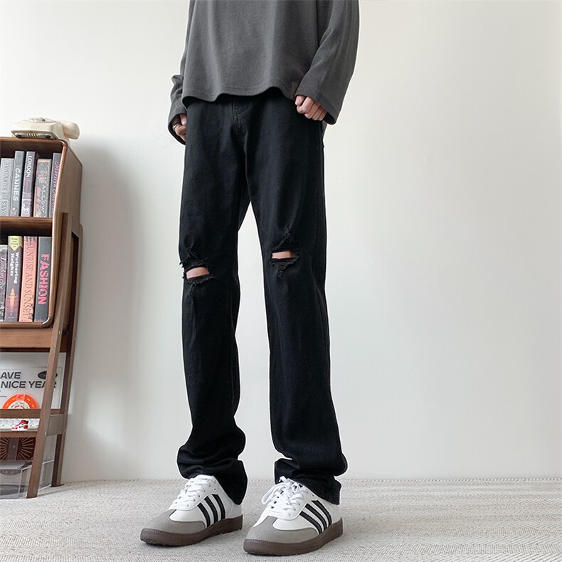 现货纯黑色破洞弹力加大码直筒牛仔裤310A-2BK302P50控78,男装牛仔裤,星座310A-2
