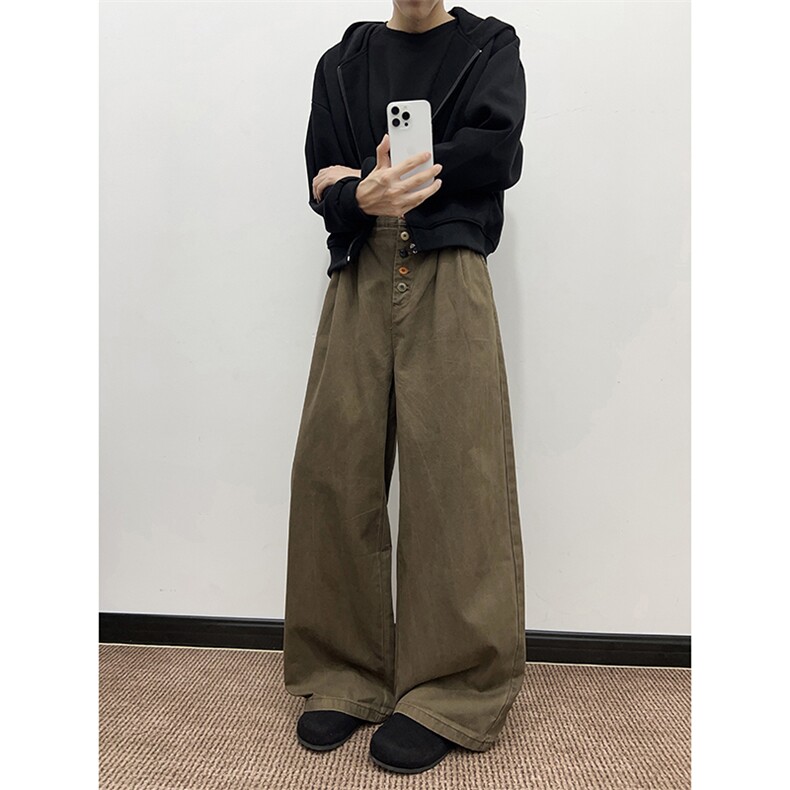 美拉德排扣设计休闲裤男复古vintage做旧工装裤秋痞帅宽松阔腿裤,男装工装外套,星座410-6（原星座1304-1）