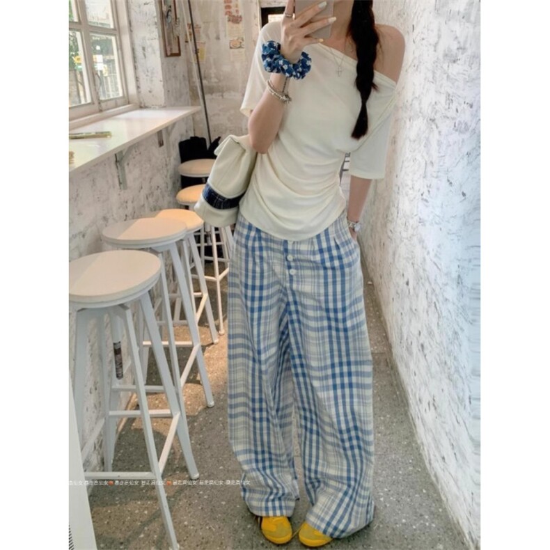 AK2202-P50美式复古格子2026夏季新款高腰阔腿裤,女装休闲裤,星座617A-2