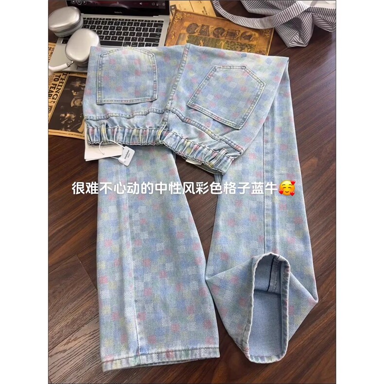 美式彩色格子牛仔裤男夏季2025年新款高街直筒宽松阔腿裤NZ3177,男装牛仔裤,星座516A