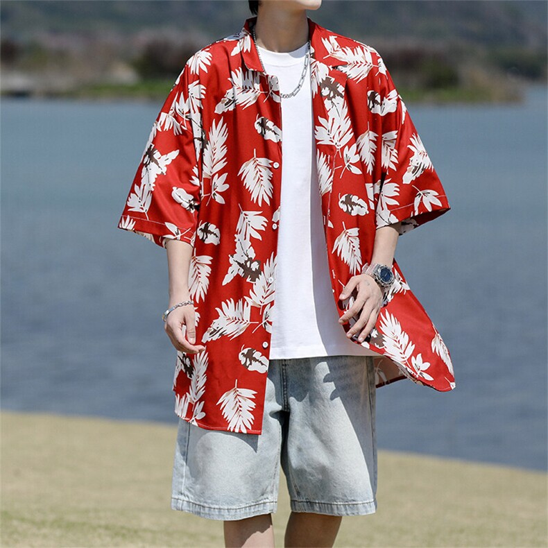 8XL-M冰丝凉感衬衣垂感透气复古花纹宽松男五分袖短袖衬衫CS526,男装衬衫,电商D206-1