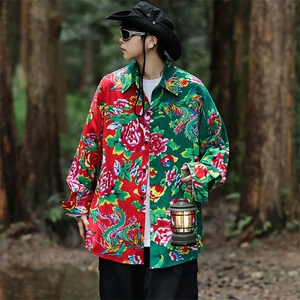PC203秋装休闲东北大花拼接长袖衬衫外套男女宽松寸衣汉服演出服图片