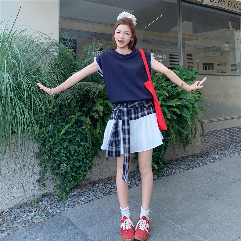 蕾丝拼接藏青色格子连衣裙女夏2025新款学院风少女感俏皮减龄爆款,女装连衣裙,2C058