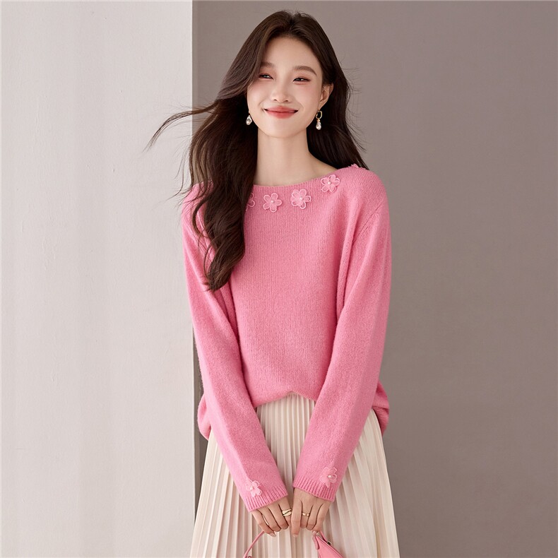 温柔独特气质上衣女秋冬季100羊毛打底衫时尚洋气立体花朵毛衣，女装羊毛衫，艾米
