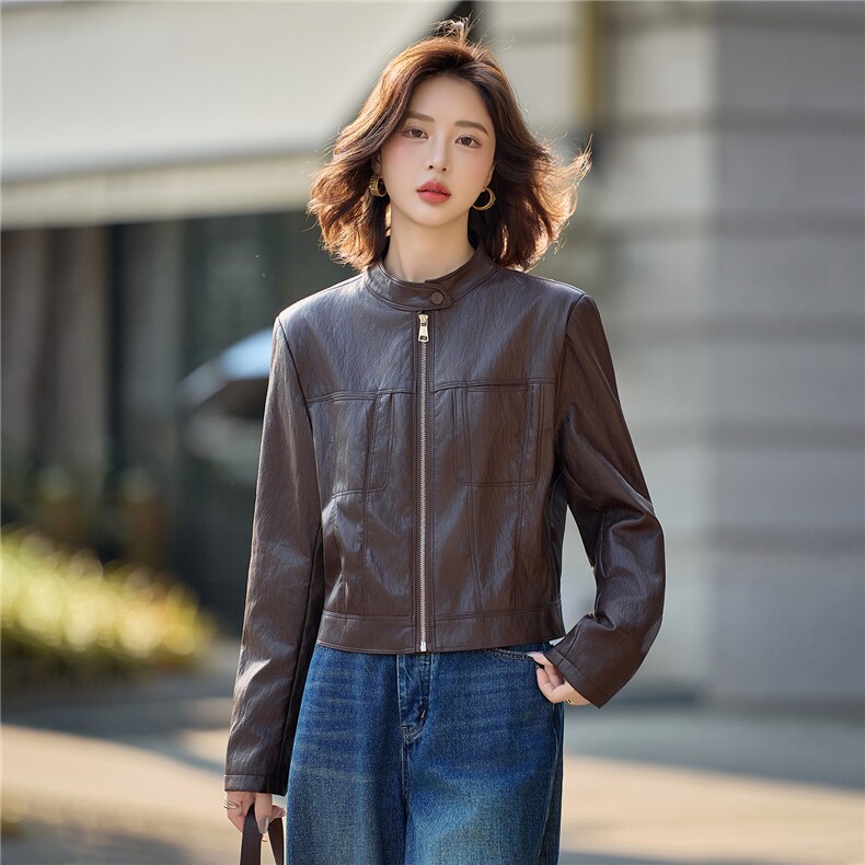 2025年秋季新款时尚机车范儿短款皮衣外套女,女装皮衣,美沁