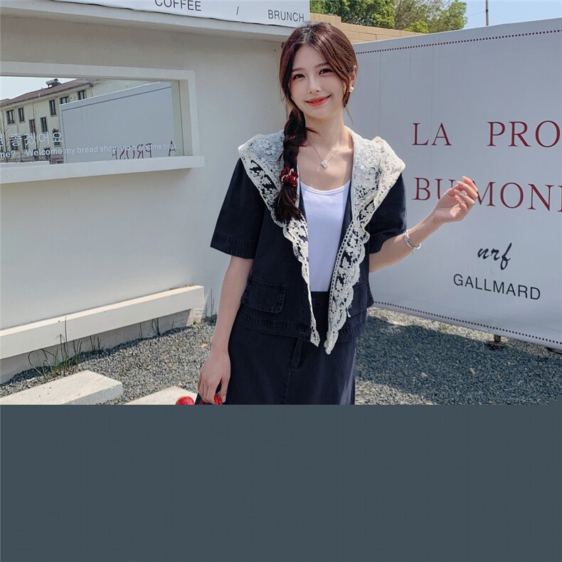 甜美减龄蕾丝拼接牛仔半身裙套装女夏休闲洋气减龄显瘦遮肉两件套,女装套装/套裙,2C133