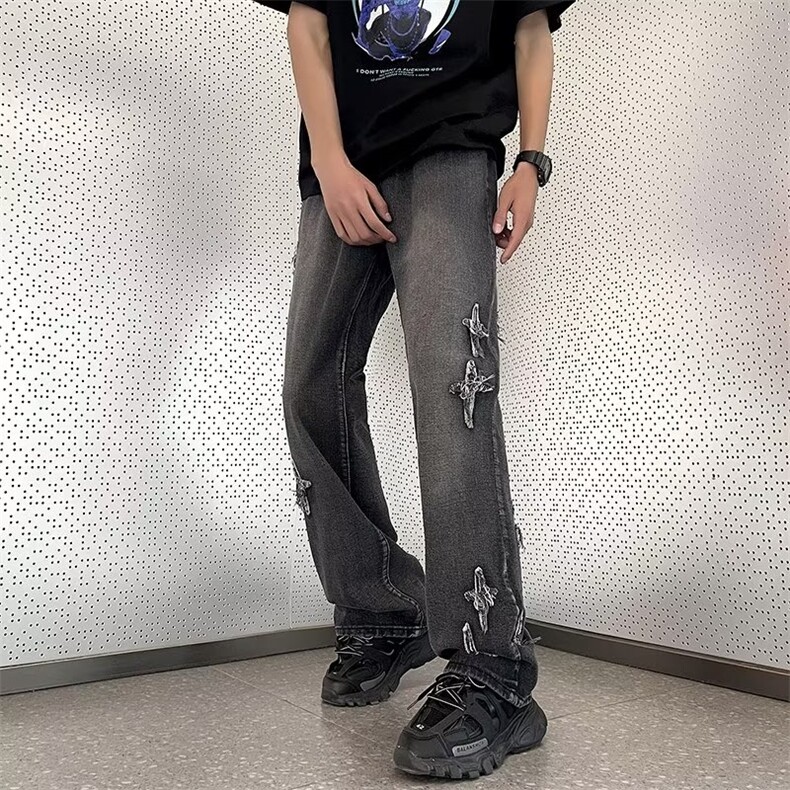十字牛仔直筒裤男款夏季潮痞帅宽松百搭阔腿长裤子N07182-P45,男装牛仔裤,星座308B-1