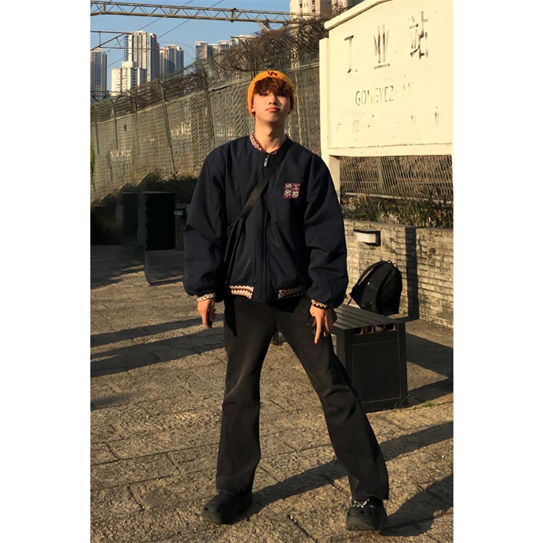 网图有货藏蓝色民族提花拼接品质夹棉棒球服棉衣外套男A234-P88,男装棉衣,星座1505