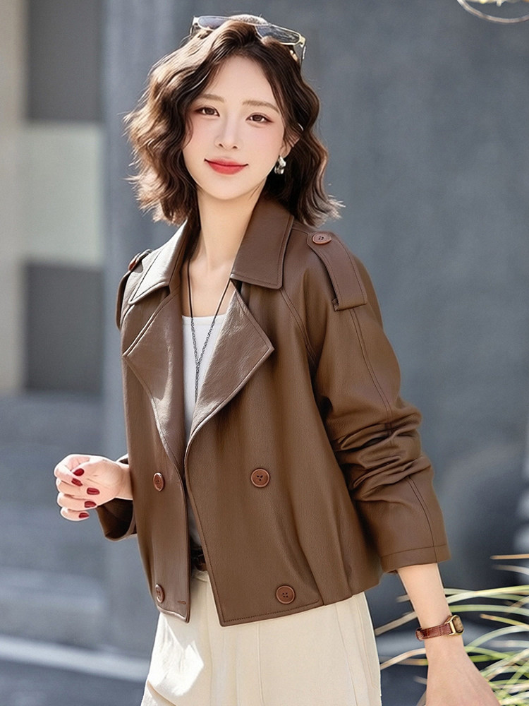 现货新款韩版通勤风大翻领双排扣短款宽松PU皮衣外套女,女装皮衣,韩蔻秀