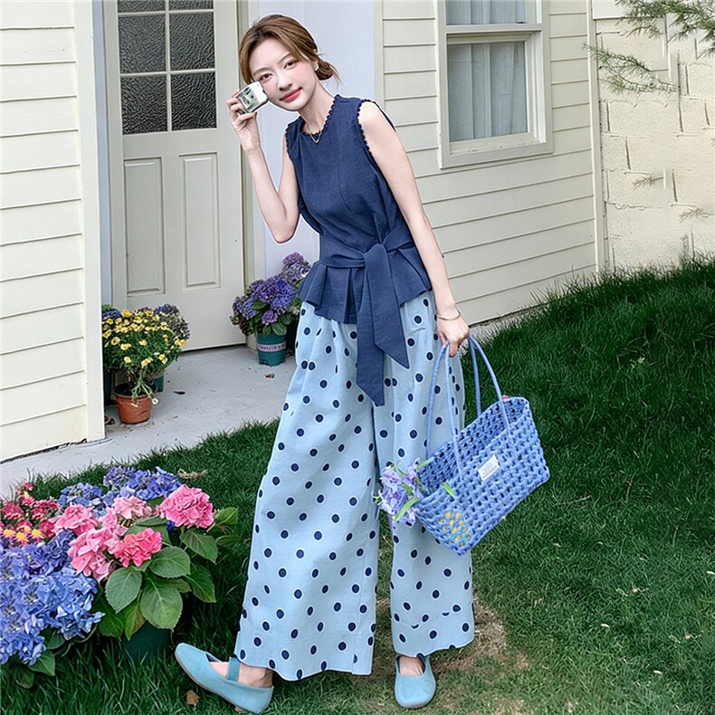 松弛感时尚洋气套装女夏季新款圆领无袖收腰上衣波点阔腿裤两件套,女装套装/套裙,江南