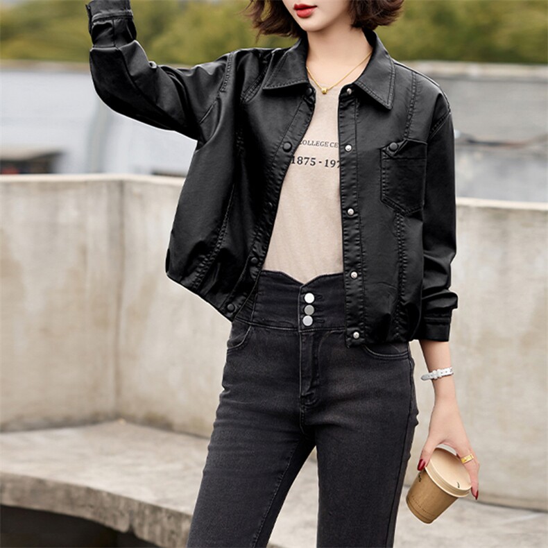 2025春秋季新款皮衣外套女pu皮翻领短款上衣拉链高级感机车服夹克,女装皮衣,美拉德工厂直营店