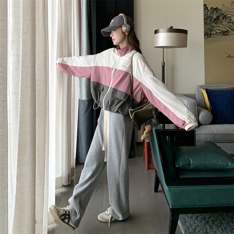 撞色拼接冲锋衣外套女2025春秋新款韩系学院风宽松休闲小个子夹克,女装短外套,浙宝276（原081）