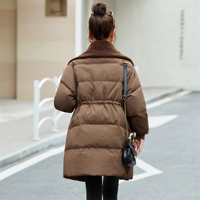 2025冬季新款小个子羽绒服女针织大翻领中长款白鸭绒外套,女装羽绒服,欣美人