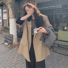 韩系高级咖色休闲小西服女2025春秋超火炸街独特漂亮宽松西装外套，女装西装，2D014