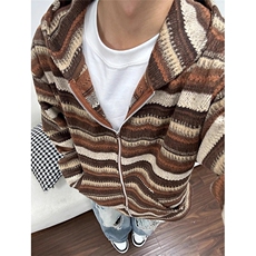 棕色撞色条纹开衫卫衣男款慵懒连帽针织衫小香风外套WY06，男装针织衫/毛衣，星座1116A（原606A-3）