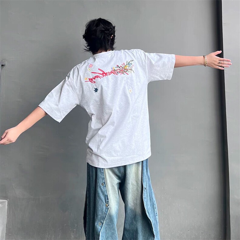 万针全刺绣工艺抖音得物高品质260克重磅纯棉双纱美式高街短袖T恤,男装T恤,电商A486-1