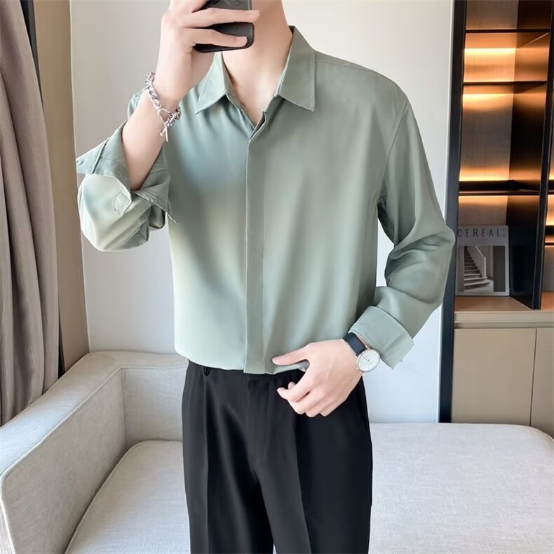 轻熟风韩版宽松纯色长袖衬衫男士春秋季潮流垂感免烫衬衣CS07,男装衬衫,星座1116A-2（原606A-1）