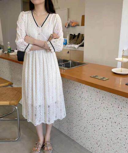 现货秋款蕾丝收腰连衣裙，女装连衣裙，晗梦轩