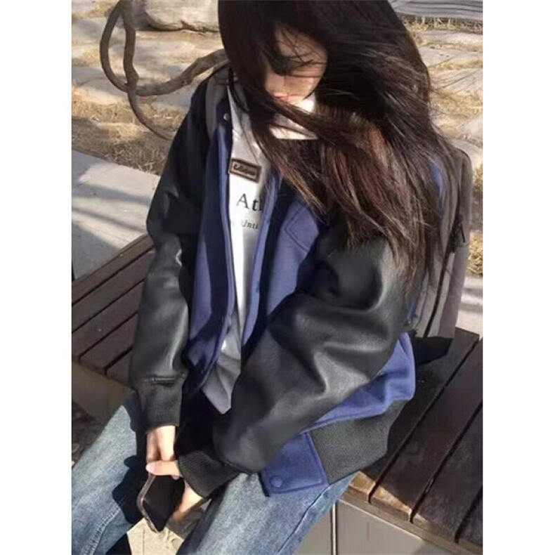 复古街头棒球服女春秋季宽松休闲短款拼色PU皮夹克装外套JV831,男装夹克,星座1116A（原606A-3）