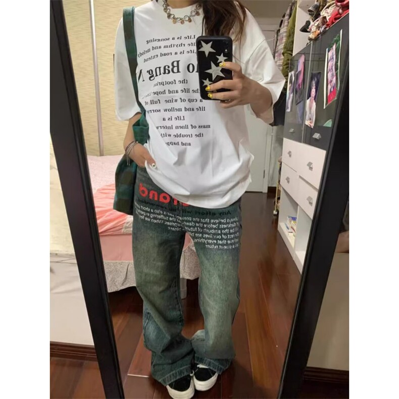 水洗做旧小众字母印花牛仔裤男宽松设计感直筒裤子N6087网络图,男装牛仔裤,星座1116A（原606A-3）