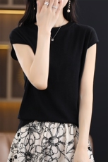 精纺薄款羊毛短袖t恤春款针织衫女修身圆领白色打底背心夏季内搭，女装羊毛衫，丹芙娇羊绒