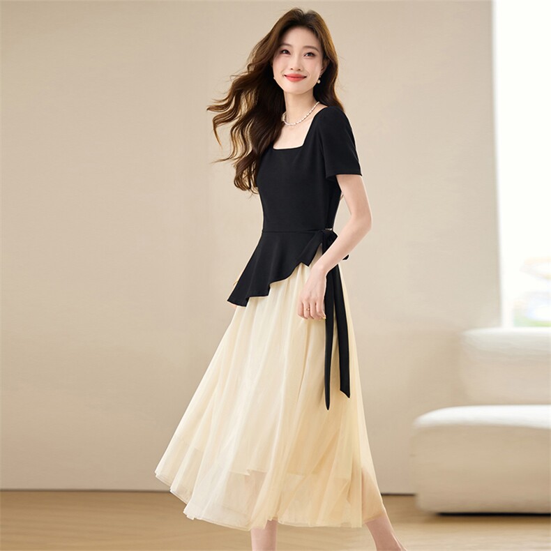 法式气质方领假连衣裙女夏2025新款设计感不规则绝美网纱裙,女装连衣裙,央宝儿