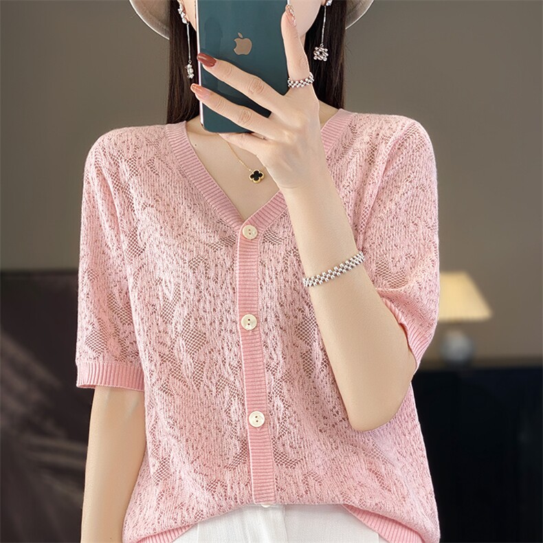 单排扣开衫V领2025年春季直筒镂空绣花短袖针织衫，女装羊毛衫，朝贺羊绒
