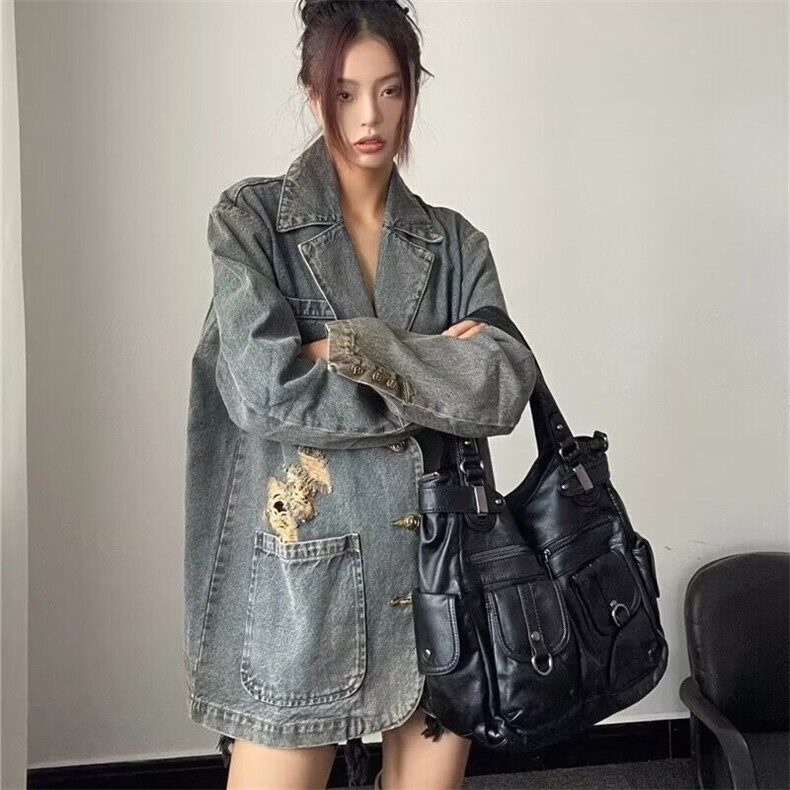 美式复古水洗破洞西装领牛仔夹克春秋慵懒风宽松百搭做旧外套潮流,男装夹克,星座506A