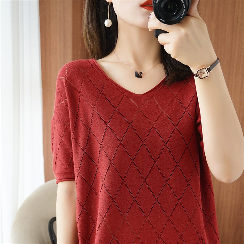 2025夏季新款减龄百搭全身菱形格短袖,女装T恤,秋虹羊绒