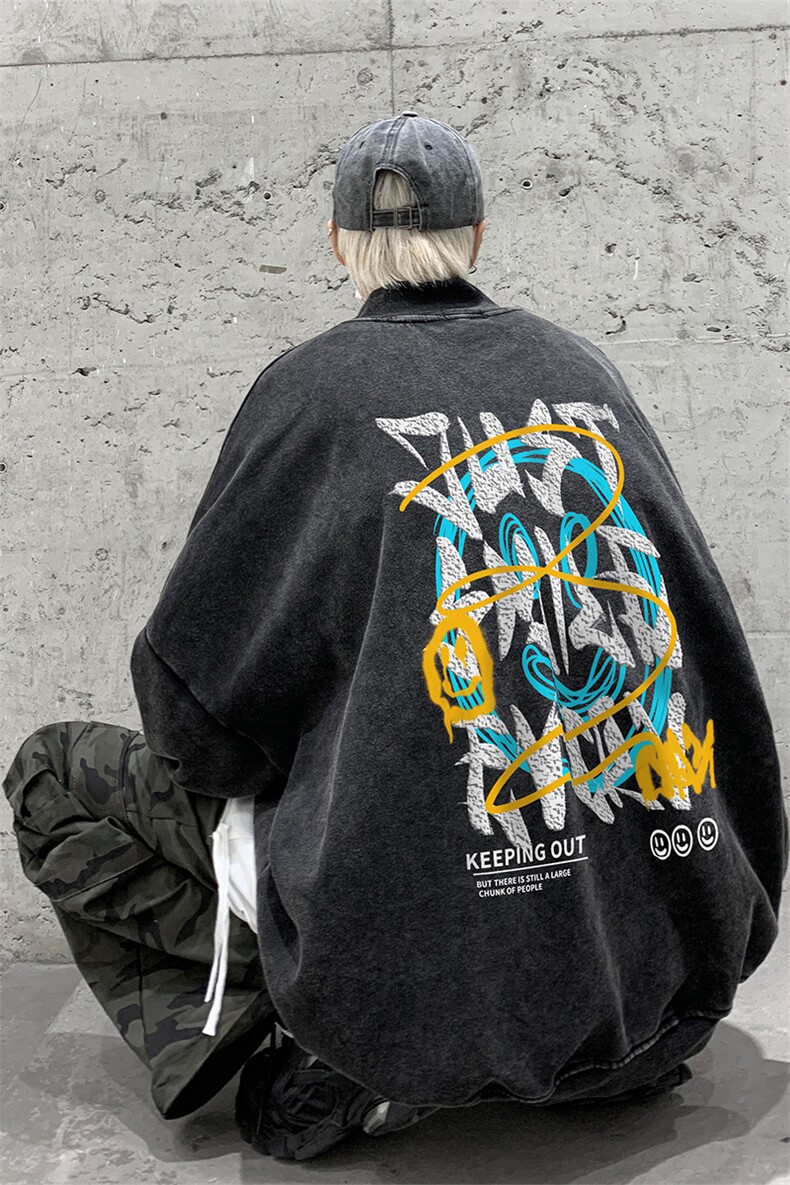 水洗做旧加绒加厚卫衣男23冬高领笑脸印花打底衫XZ514-2-X56-P78,男装T恤,星座514-2(原B239)