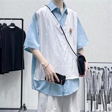 夏季短袖衬衫潮流帅气休闲衬衫假两件小熊衬衣CS03P40，男装衬衫，星座1116-2
