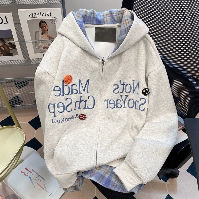 字母刺绣卫衣外套男女秋冬季重磅假两件格子拼接连帽开衫WY7058,女装短外套,星座1116A（原606A-3）