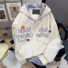 字母刺绣卫衣外套男女秋冬季重磅假两件格子拼接连帽开衫WY7058，女装短外套，星座1116A（原606A-3）
