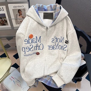 字母刺绣卫衣外套男女秋冬季重磅假两件格子拼接连帽开衫 WY7058图片