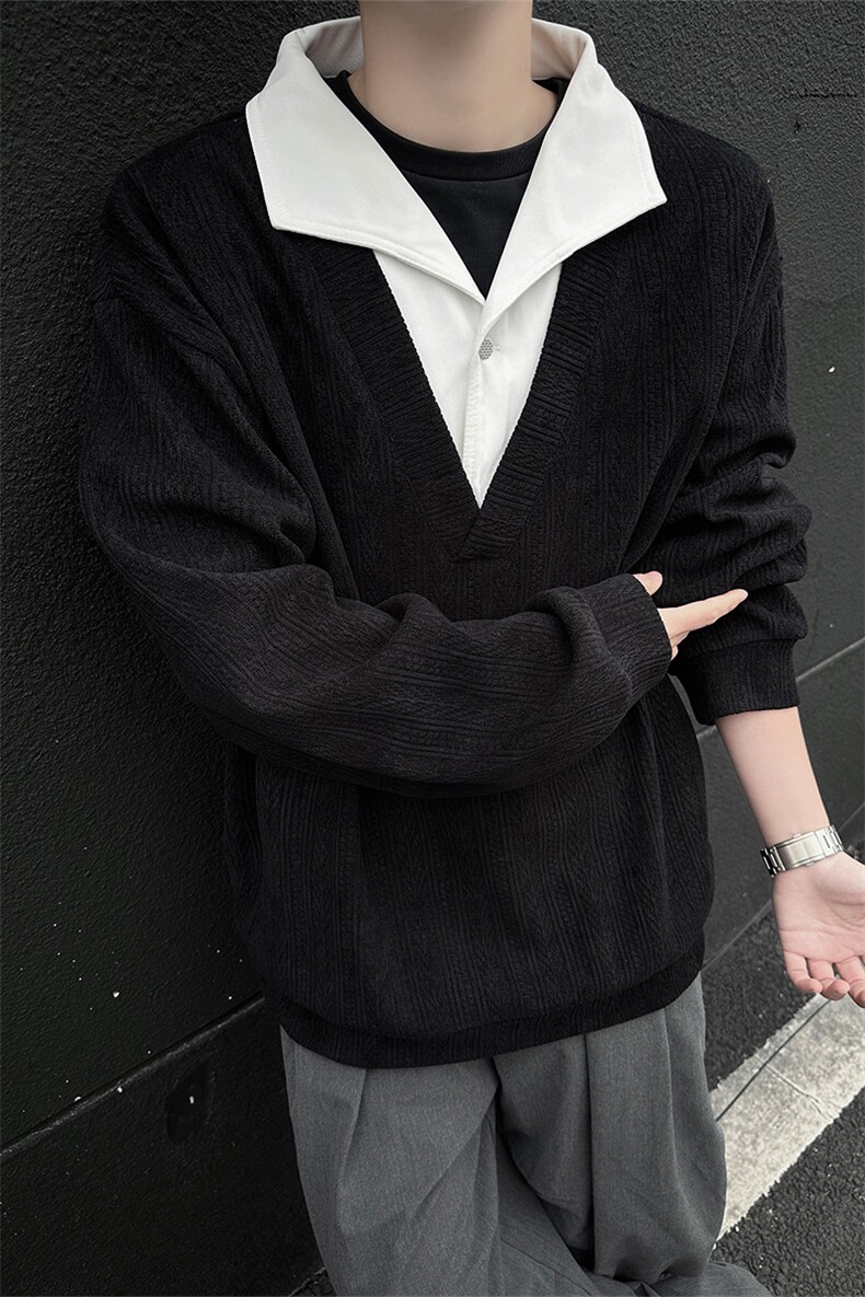 小众设计感假两件翻领卫衣拼接高级感宽松休闲长袖上衣,男装卫衣,电商B319