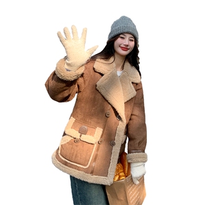 红色皮毛一体羊羔毛麂皮绒外套女2024冬季新款小个子加厚加绒棉衣图片