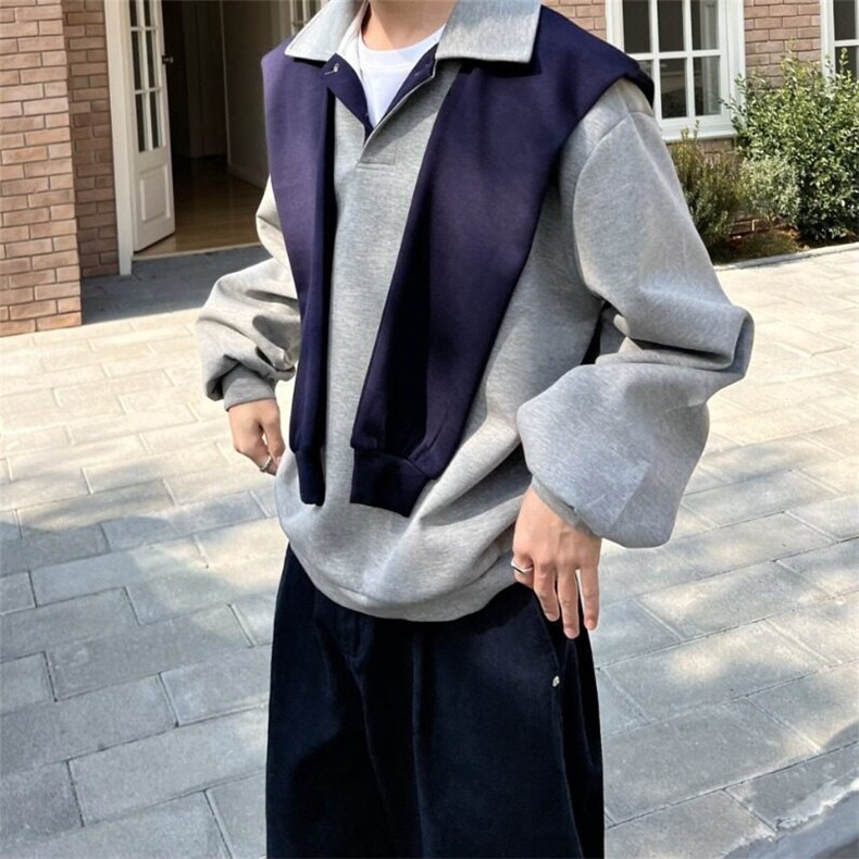 网图假两件卫衣韩版老钱风披肩撞色翻领卫衣外套WY112-P75,男装卫衣,星座1001-1