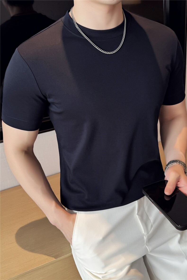 夏季新款高端男士轻奢时尚下摆拼接纯色圆领短袖打底T恤TX10P48,男装T恤,电商B276A