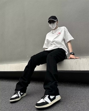 美式高街vibe风工装纯色休闲裤男ins潮牌宽松显瘦微喇叭直筒长裤，男装牛仔裤，星座601-1