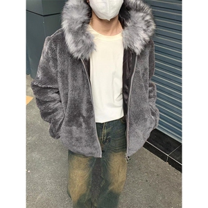 可拆卸毛领短绒皮草廓形拉链大连帽外套W200