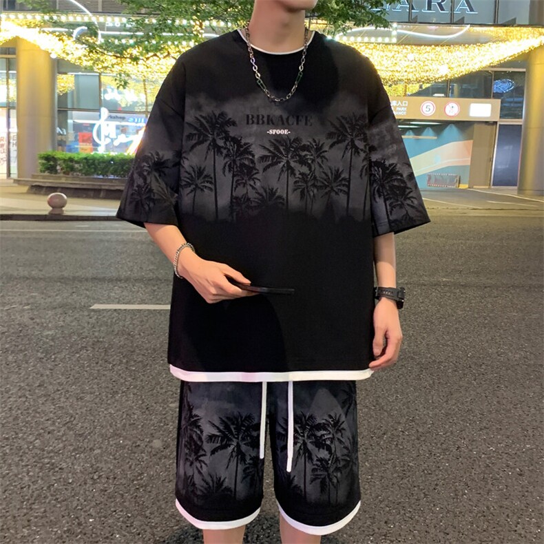 假两件菠萝格短袖T恤男夏季重磅潮牌ins休闲宽松欧美高街半袖上衣图片