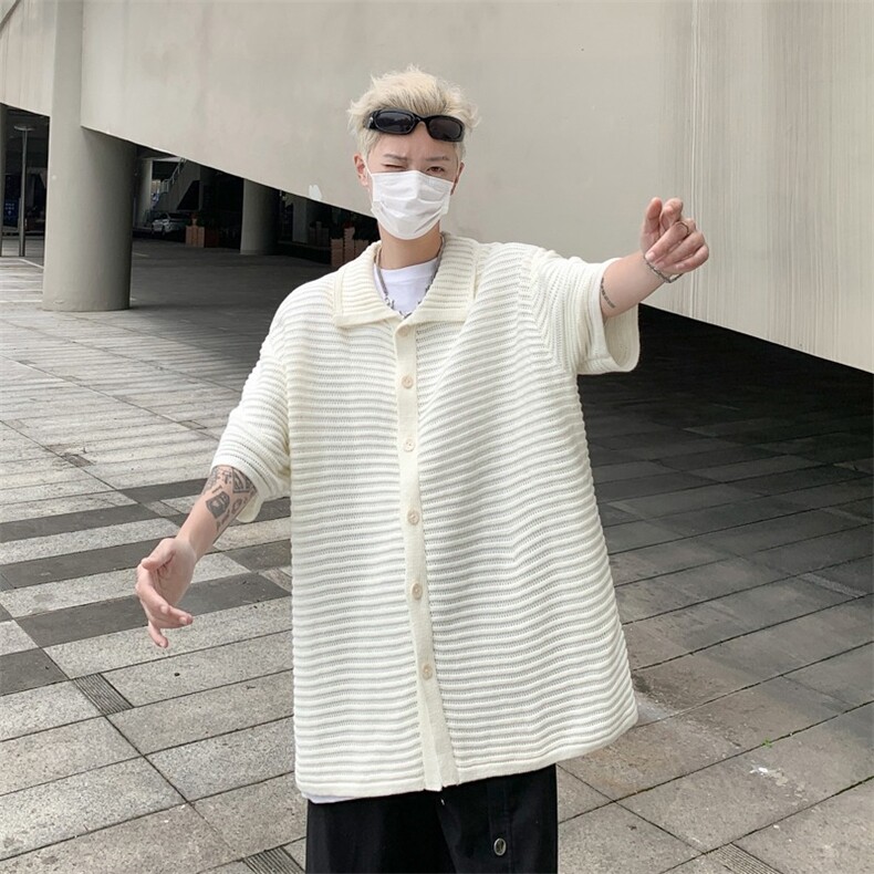 复古针织短袖衬衫boxy短宽休闲夏季开衫镂空半袖T148,男装衬衫,星座1116A-1（原606A）