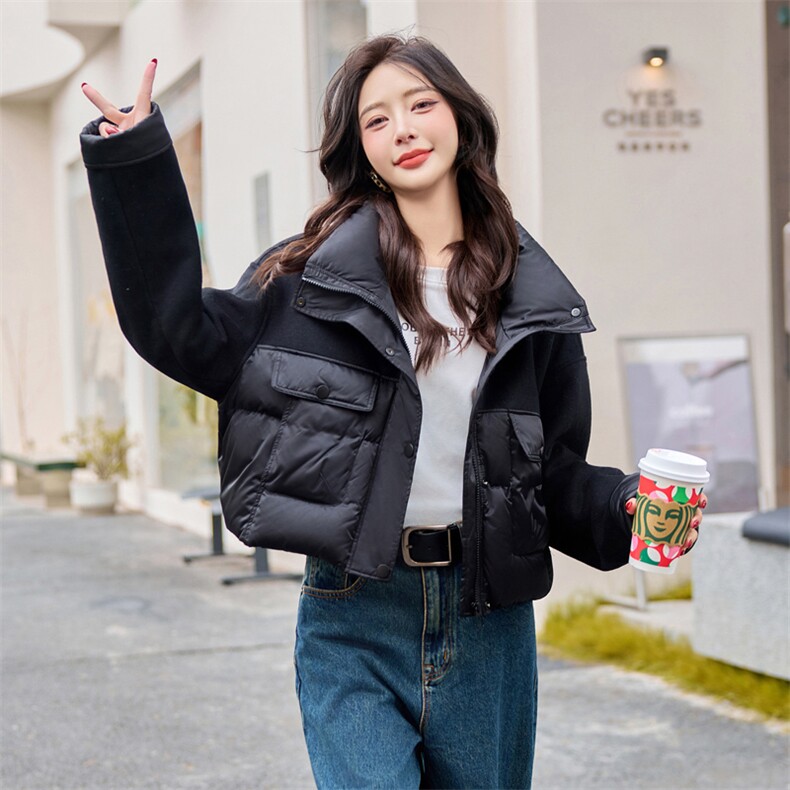 立领毛呢拼接白鸭绒羽绒服女2025冬季时尚短外套大翻领,女装羽绒服,梦懿尔