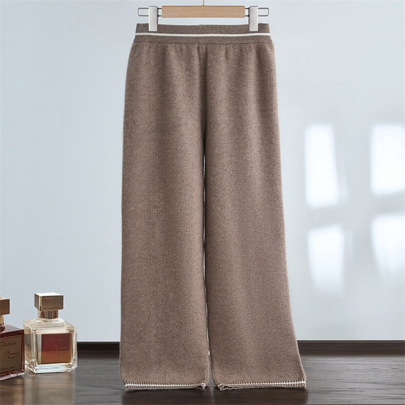 亲肤软糯山羊绒女士加厚时尚拼色休闲针织直筒阔腿裤外穿长裤，女装休闲裤，达齐羊绒
