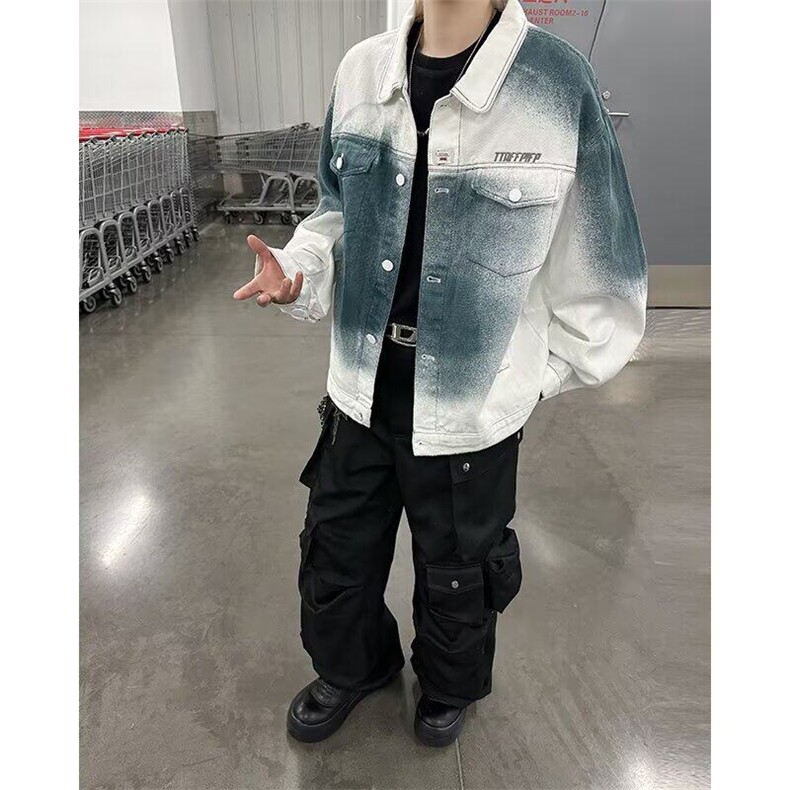 美式小众喷染牛仔夹克男春秋季潮牌复古嘻哈工装休闲宽松翻领外套,男装夹克,星座506