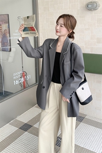 高级感撞色毛边西装外套女2025秋季新款老钱风气质宽松百搭小西服图片