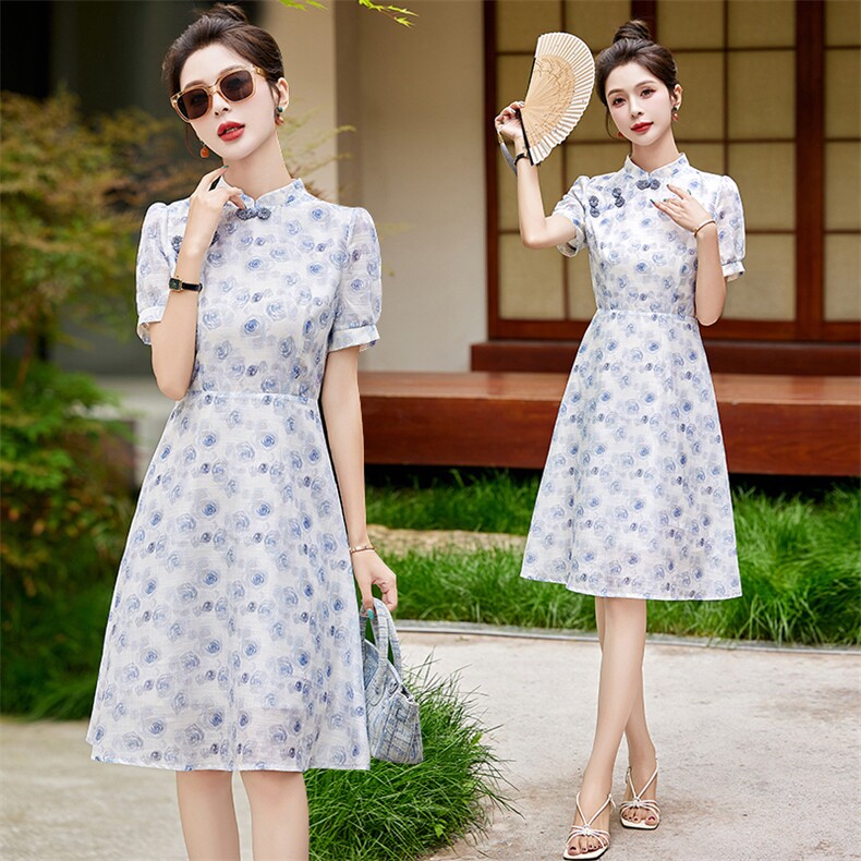 新中式国风碎花改良旗袍女2024夏季新款小个子修身显瘦绝美连衣裙，女装连衣裙，姿衣坊